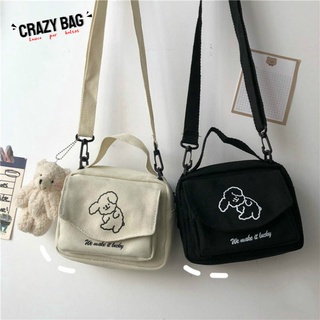 Túi đeo chéo bằng canvas thêu hình chú chó đáng yêu phong cách Harajuku Nhật Bản