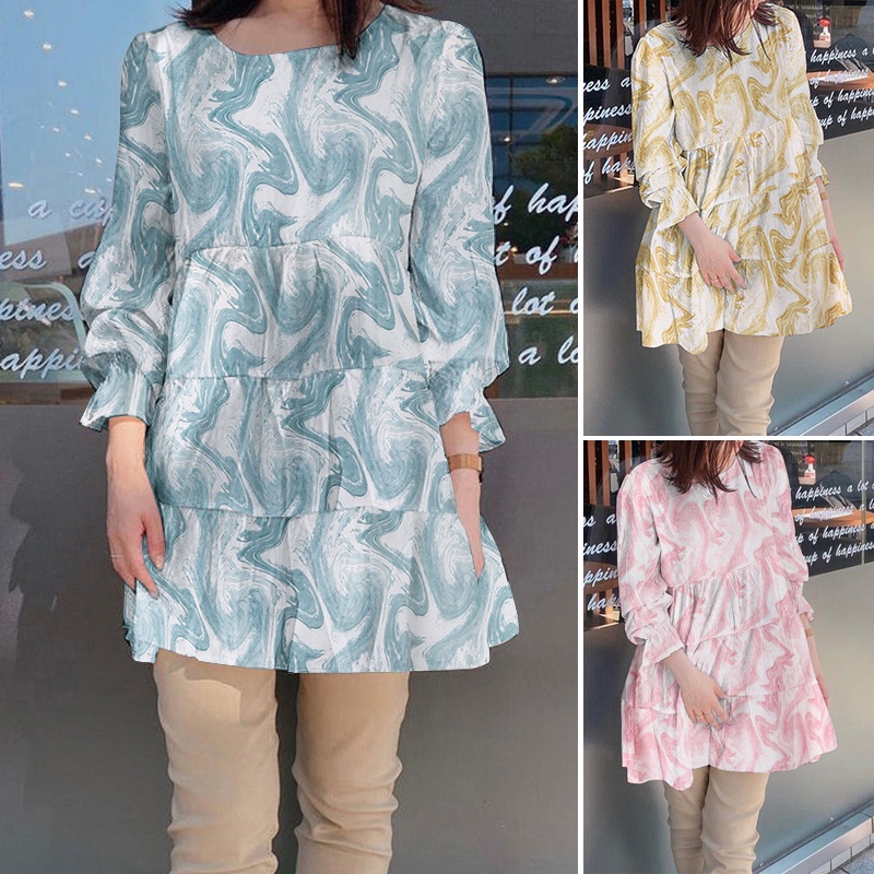 Áo ZANZEA thiết kế tay dài cổ tròn in họa tiết gợn sóng thời trang cho nữ