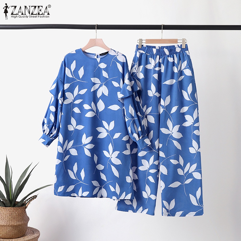 Zanzea Bộ Đồ Hồi Giáo Dáng Thẳng / Xếp Nếp Tay Phồng In Họa Tiết Lá Cây Có Nút