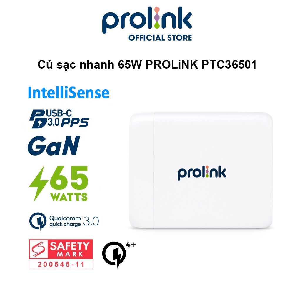 Củ sạc nhanh 65W PROLiNK PTC36501, 3 cổng (USB-A QC 3.0 & 2USB-C PD 3.0) IntelliSense, dùng cho điện thoại, iPad, Laptop