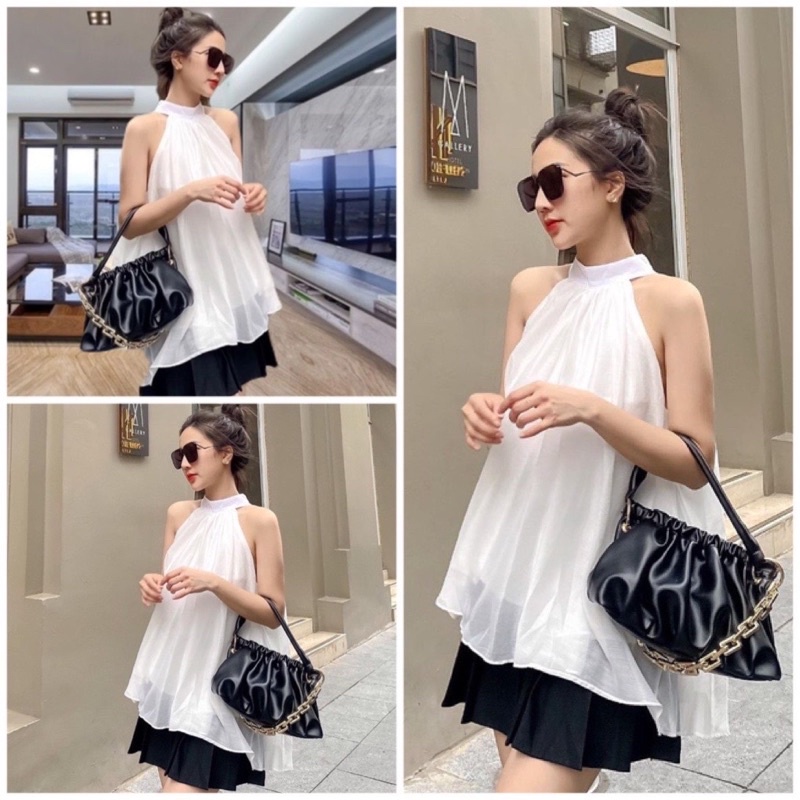 Áo Kiểu Nữ Tiểu Thư Sang Chảnh Cổ Yếm 2 lớp- Áo Hở Vai Bánh Bèo Trắng(ảnh thật -sẵn)