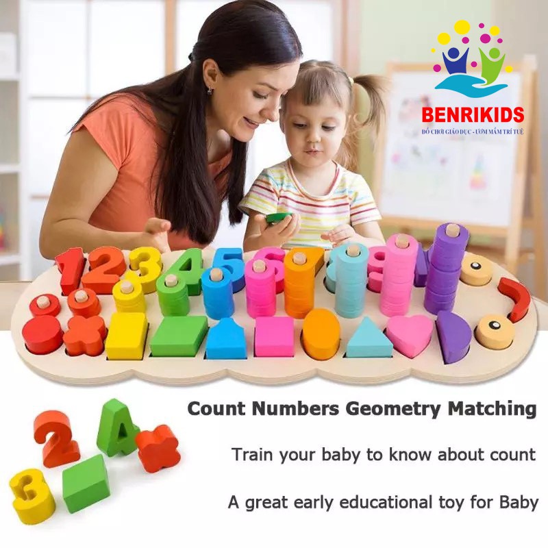 Giáo Cụ Montessori Bảng Con Sâu Ghép Số Học Đếm Và Hình Khối Bằng Gỗ