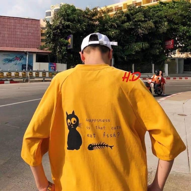 Áo phông  mèo đen xương cá in lưng HDA0619