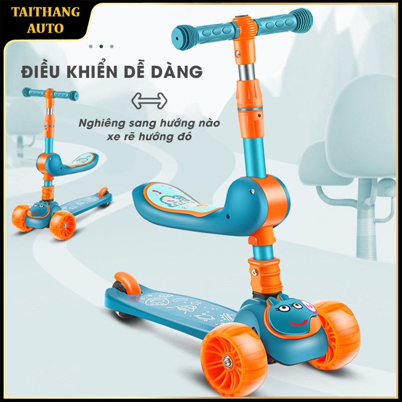 Xe trượt scooter 3 bánh cao cấp dành cho bé, phát nhạc, bánh xe phát sáng vĩnh cửu, rèn luyện vận động tăng chiều cao