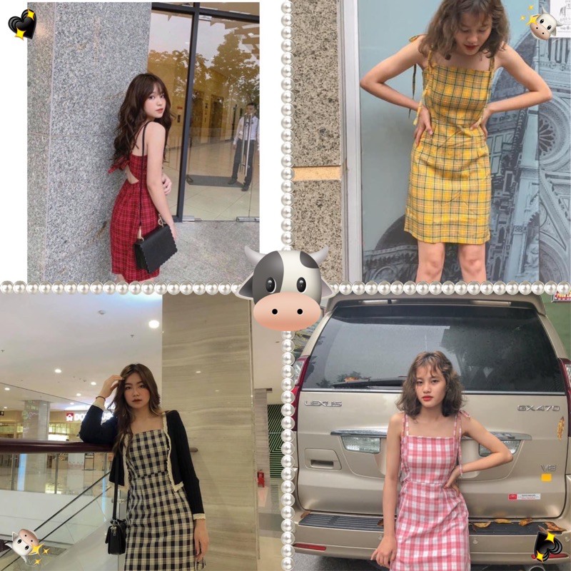 Váy kẻ caro thắt nơ sau nhiều màu - Váy hai dây Ulzzang