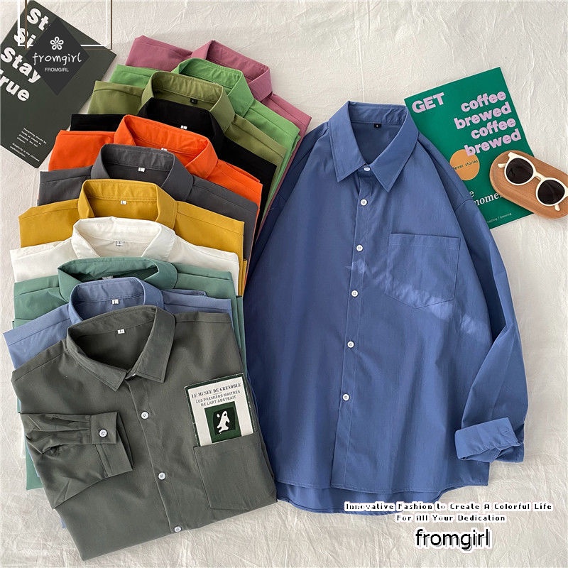 Áo sơ mi tay dài dáng rộng màu sắc retro phong cách Hàn Quốc thời trang xuân thu cho nữ