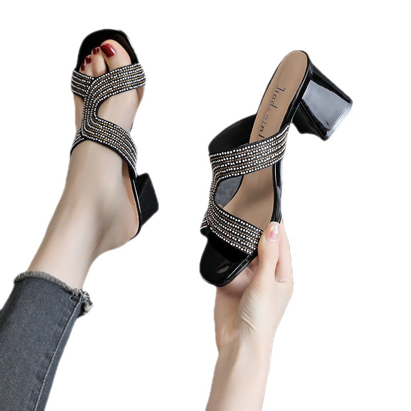 Tikp Dép Cao Gót Quai Ngang Đính Đá 2 Màu Tùy Chọn Size 34-40