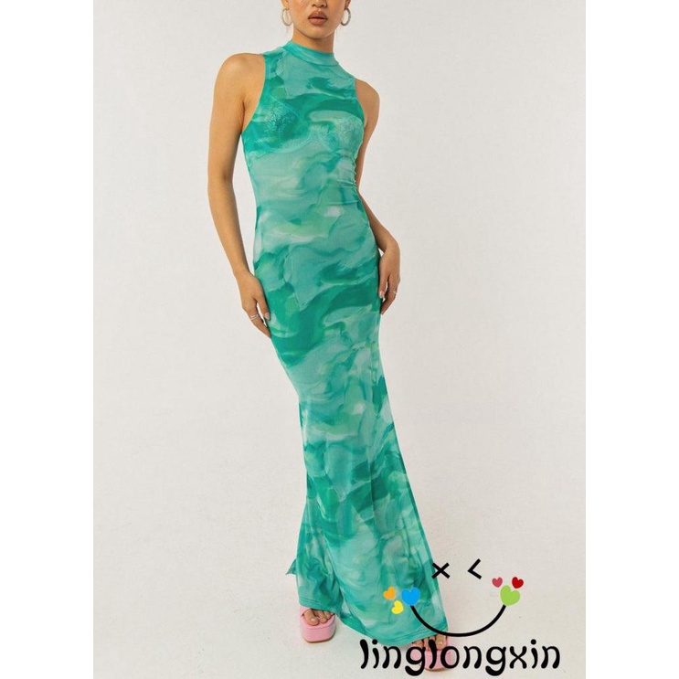 Linglongxi2 Đầm Không Tay Cổ Lọ Họa Tiết Kẻ Sọc / In Thời Trang Đi Biển Cho Nữ