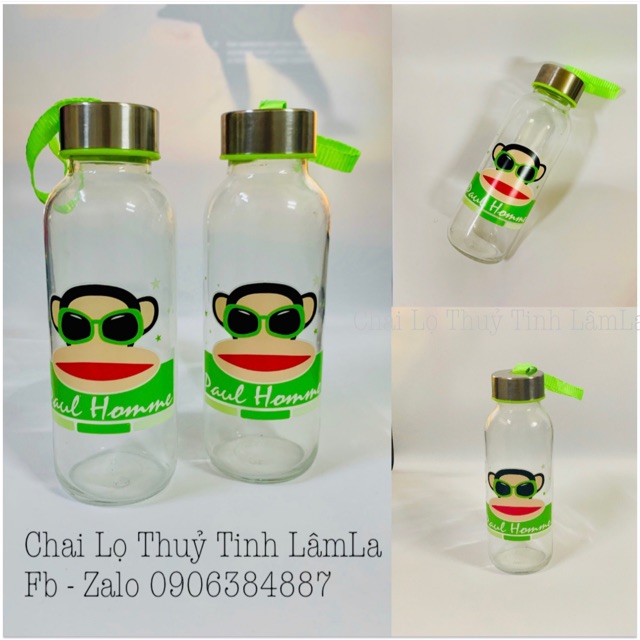 Chai Thuỷ Tinh Nắp Dây In Hình 300ml ( Khỉ Xanh )