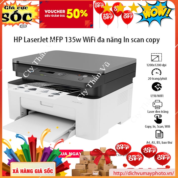 Máy in mới 100% Hp 135W có bảo hành in laser đen trắng copy in wifi scan INECO