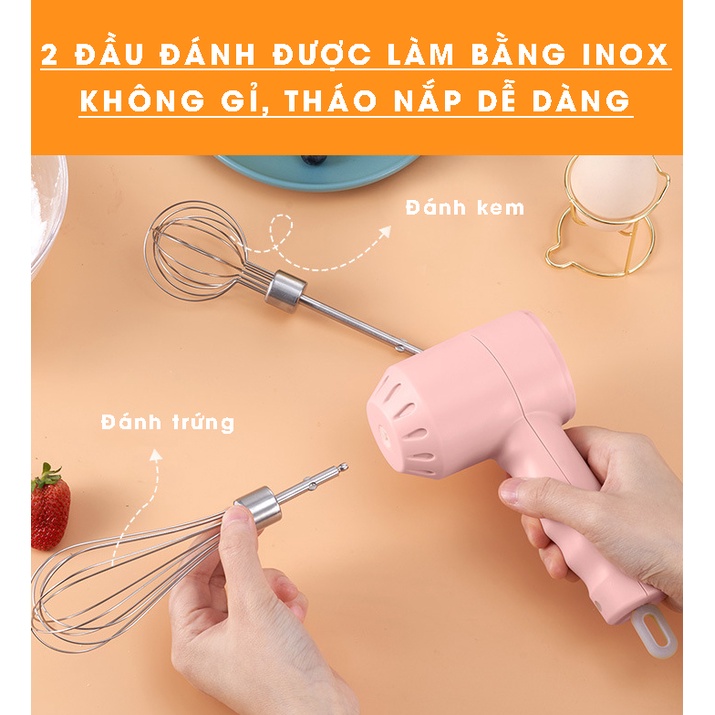 Máy Đánh Trứng, Đánh Bột Cầm Tay Mini Không Dây Tiện Lợi Với 3 Tốc Độ Mạnh - Kèm Dây Sạc USB (Tặng dụng cụ tách lòng đỏ)