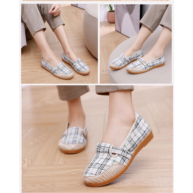 Giày lười nữ vải mềm mũi tròn đế bệt cao 2cm đen và trắng