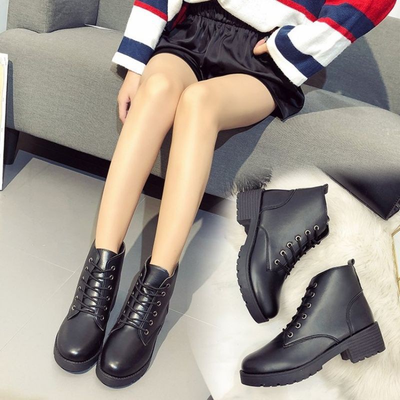 Bốt Martin Cao Cổ Nữ Dây Buộc Retro Đế Cao 5cm