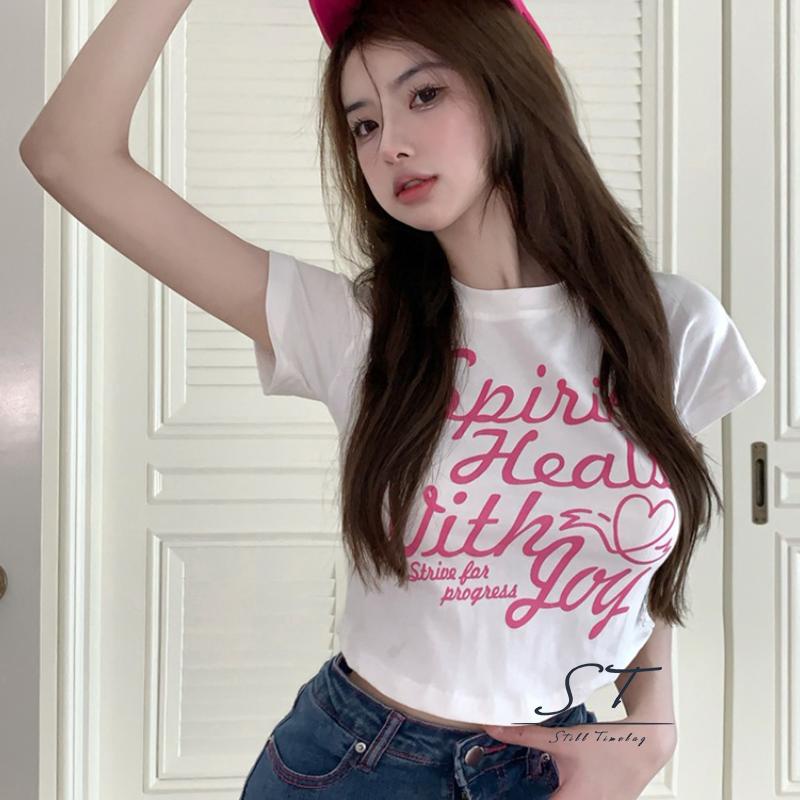 Áo Thun Crop Top Tay Ngắn Cổ Tròn In Chữ Thời Trang Mùa Hè CY03