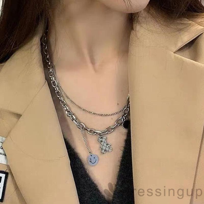 Dây chuyền ngắn hai lớp mặt hình gấu và mặt cười thiết kế đơn giản dành cho bạn nữ