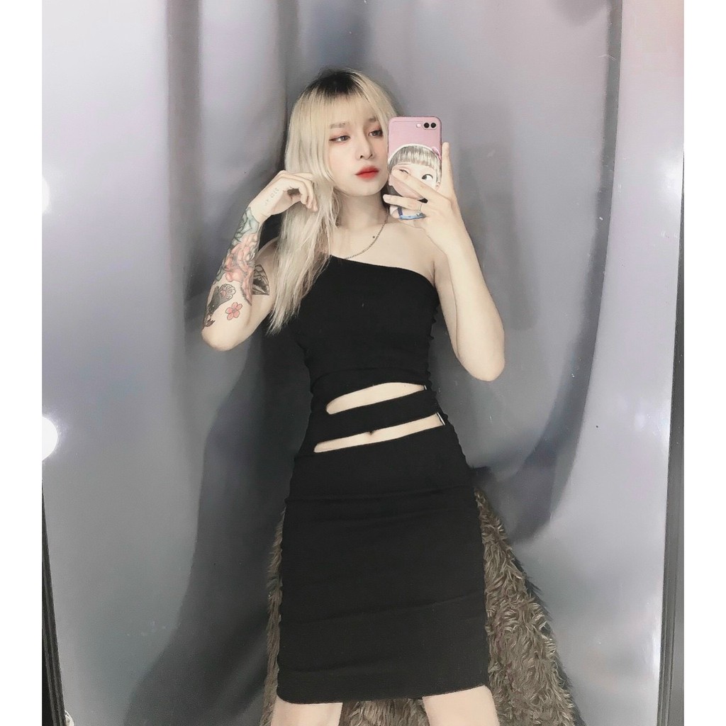 đầm kiểu khoe dáng sexy áo yếm lệch chân váy cut out khoét xinh