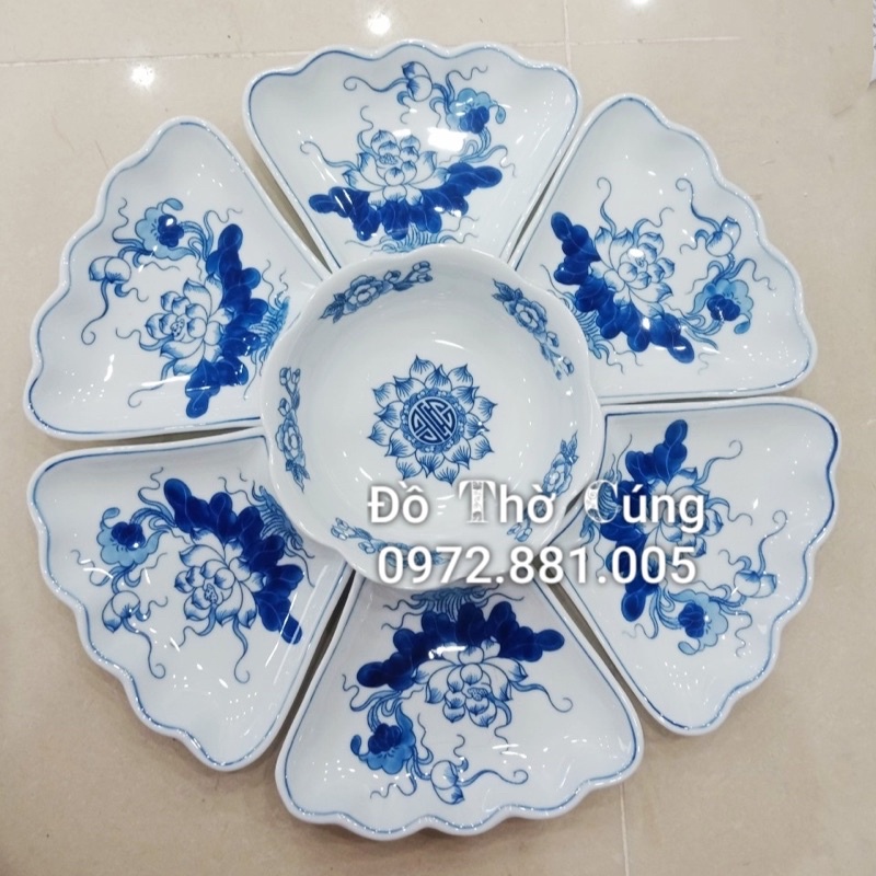 Bộ bát đĩa hoa sen bày cơm cúng men lam