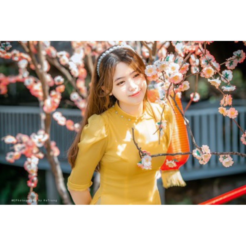 Áo dài tơ ngọc vàng 🎀CHAANG🎀 Áo dài cách tân lửng đính hạt tay vai bồng [DINHHATNGOC]