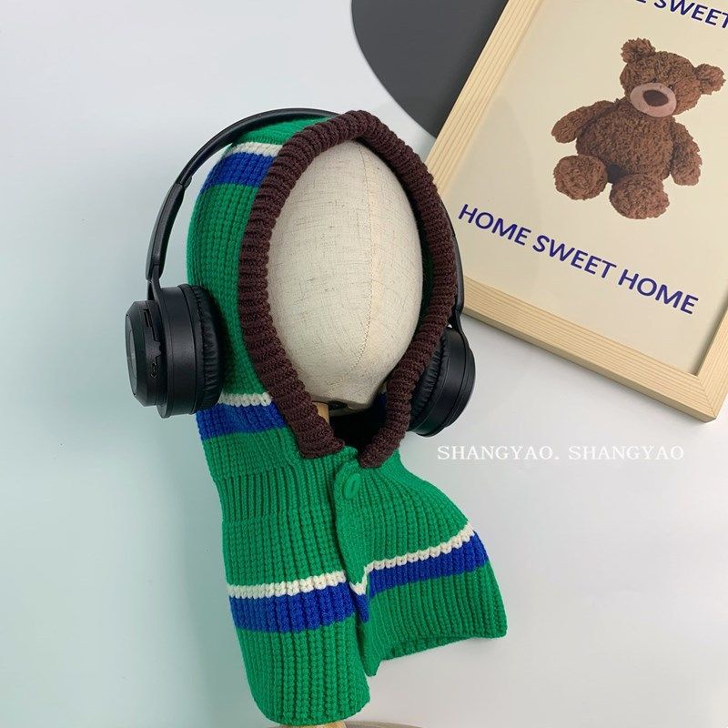 Mũ và khăn len liền mảnh họa tiết kẻ cho bé trai/ bé gái