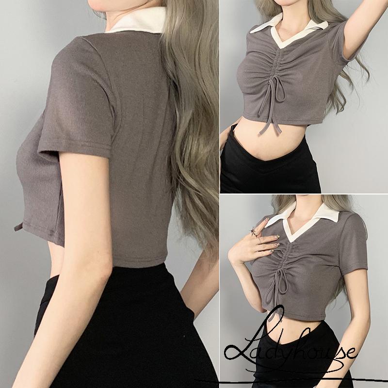 Áo Croptop Tay Ngắn Cổ Chữ V Màu Sắc Tương Phản Phối Dây Rút Thời Trang Mùa Hè Quyến Rũ Cho Nữ