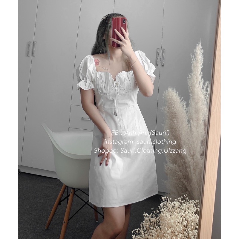 🖤Váy bánh bèo trắng thô tay phồng đầm thư cổ vuông thắt dây ngực dạo phố xinh xắn ulzzang vintage retro dễ thương