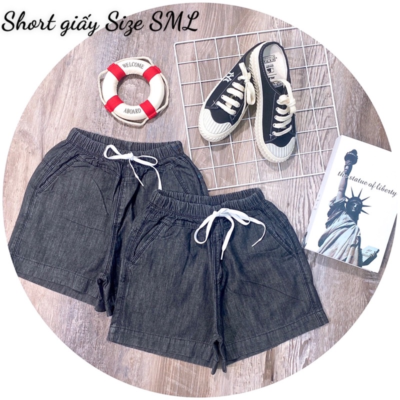 quần short jean nữ vãi giấy lưng thun màu xám