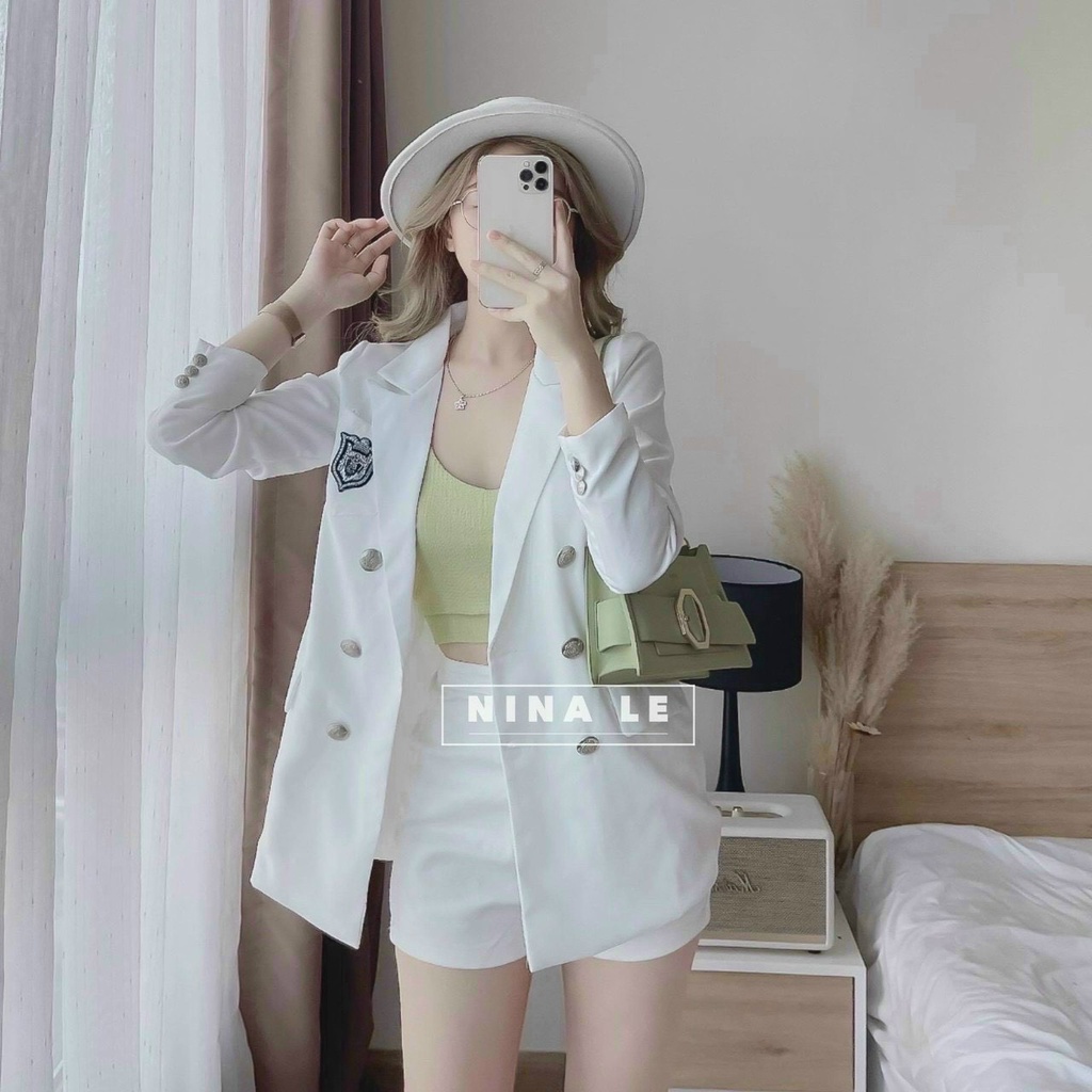 Sét Bộ Nữ Thời Trang Mặc Đi Chơi, Sét Bộ For Áo Thun Gân Mix Quần Kèm áo Khoác Tay Dài Phối Nút Cá Tính