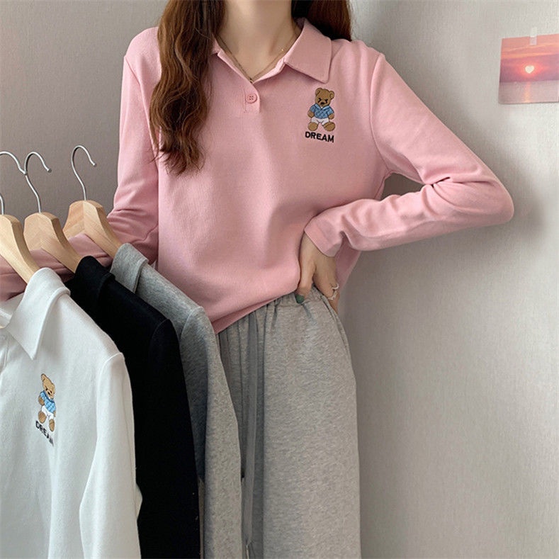Áo polo Tay Dài Dáng Rộng Thêu Hình Gấu Dễ Thương JL-TX-540