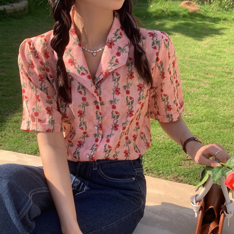 Áo sơ mi SUXI ngắn tay họa tiết hoa vintage cho nữ