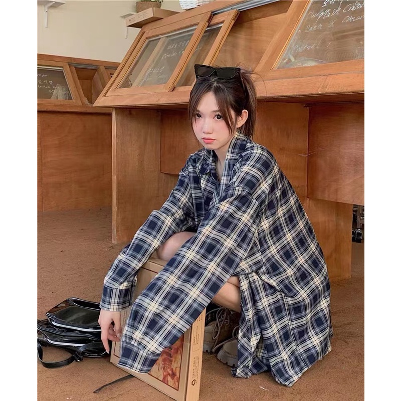 Áo Sơ Mi Nữ Dài Tay Sọc Caro Form Rộng Thời Trang Mới