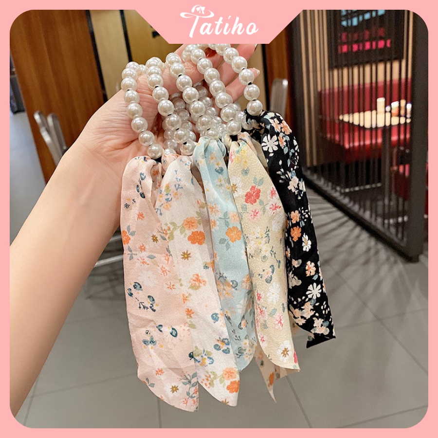 Cột Tóc, Ruy Băng Turban Chất Voan Họa Tiết Hoa Nhí Dây Chuỗi Phối Nơ Tiểu Thư Phong Cách Hàn Quốc - Tatiho - Mã SC016