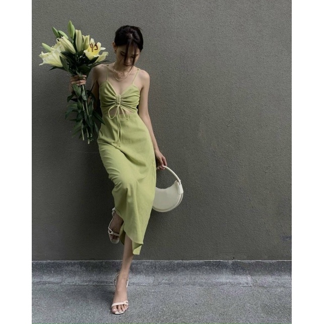 Đầm Midi Xanh Bơ 2 Dây Cut Eo