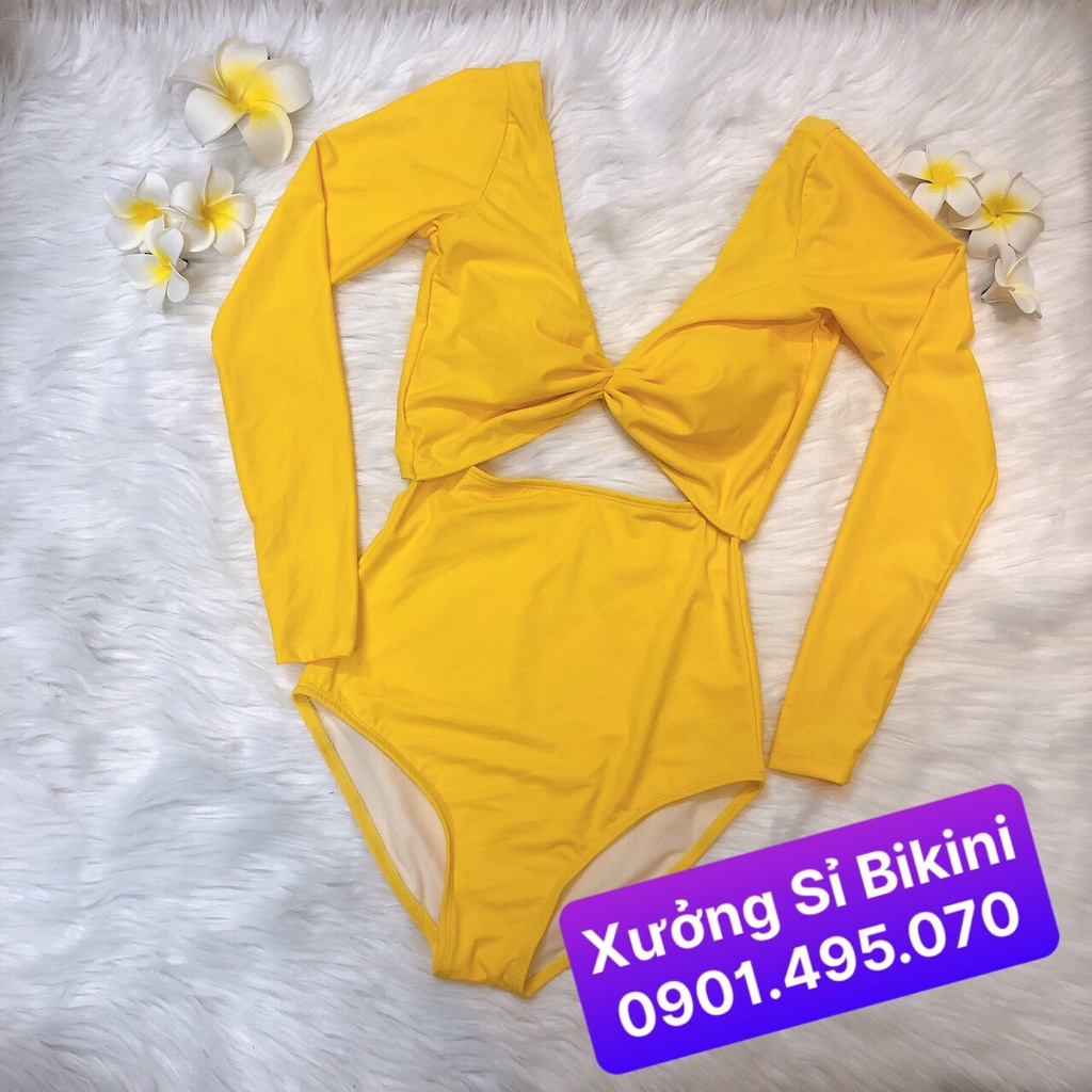 Bikini Đồ bơi liền mảnh tay dài cổ tim NHÚN NGỰC khoét lưng màu đen sang chảnh
