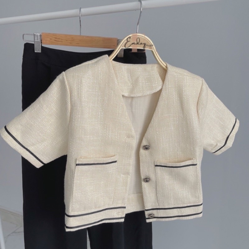 (PASS) áo dạ tweed nữ kiểu dáng croptop ngắn tay Iris Top