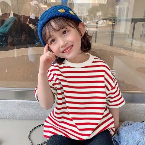 Áo Thun Tay Ngắn Cổ Tròn Họa Tiết Kẻ Sọc Chất Liệu Cotton Thời Trang Mùa Hè Hàn Quốc Mới Cho Bé Gái