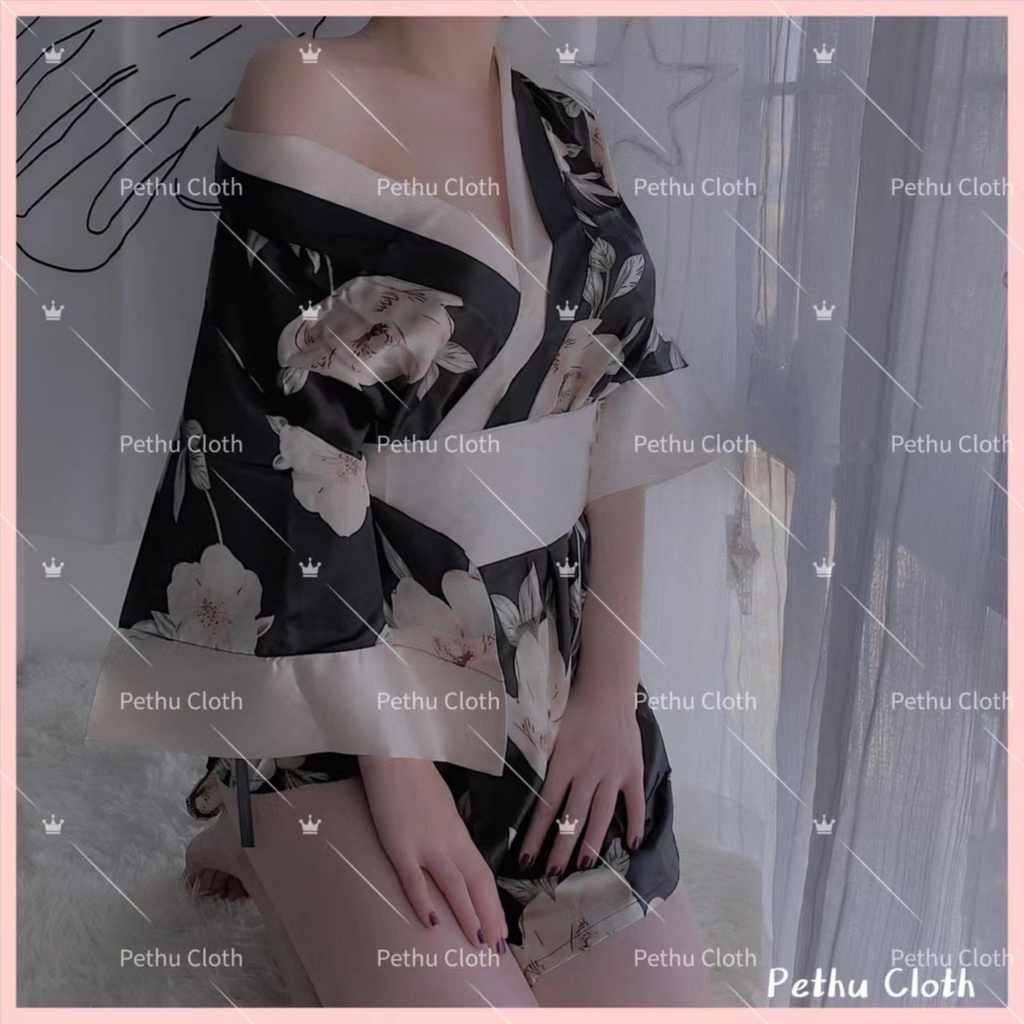 （Q1,HCM）kimono nhật bảnSexy Đồ Ngủ Áo choàng gợi cảm quyến rũ lụa satin kèm quần lót lọt khe 40-67kg---020