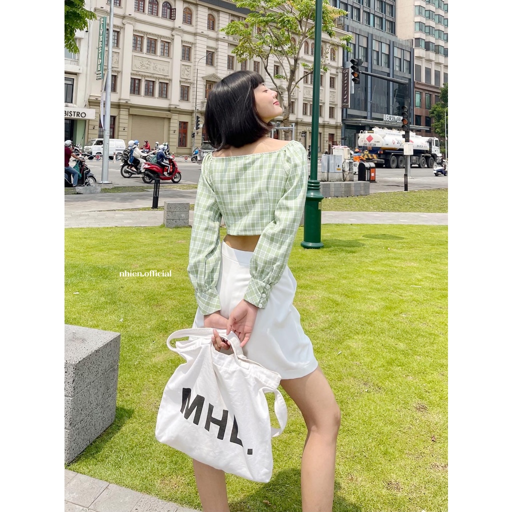 Áo Croptop Caro Tay Dài Xanh Lá Nhienvintage BA67