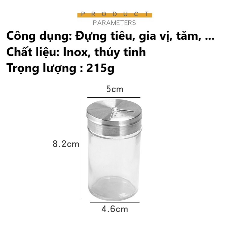 Lọ đựng tiêu bằng thủy tinh, hũ gia vị lọ đựng tăm nắp inox 85ml hàng dày dặn cao cấp