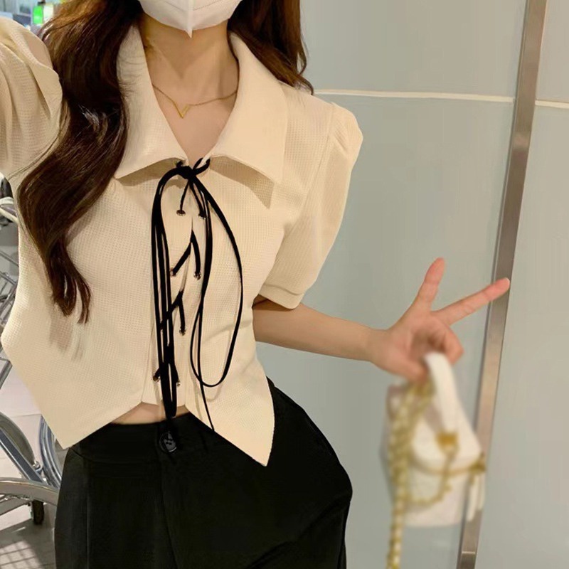 Áo Sơ Mi Tay Ngắn Phồng Phối Cà Vạt Phong Cách Retro Dành Cho Nữ