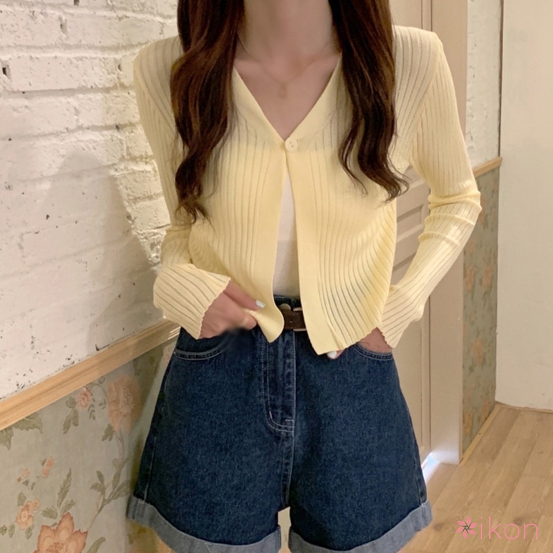Áo Khoác Cardigan Dệt Kim Màu Trơn Cổ Chữ V Chống Nắng Cho Nữ