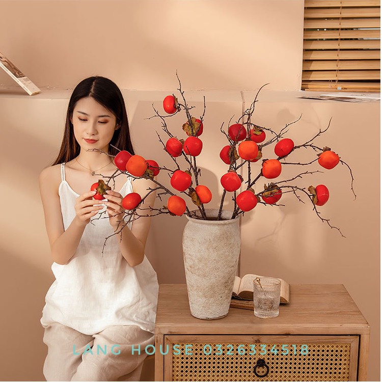 Hoa giả Lụa - CÀNH QUẢ HỒNG GIẢ DECOR TRANG TRÍ