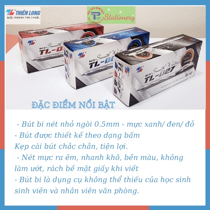 Bút bi Thiên Long TL027 - bút bi nét nhỏ ngòi 0.5mm - mực xanh/ đen/ đỏ- hàng chính hãng Thiên Long