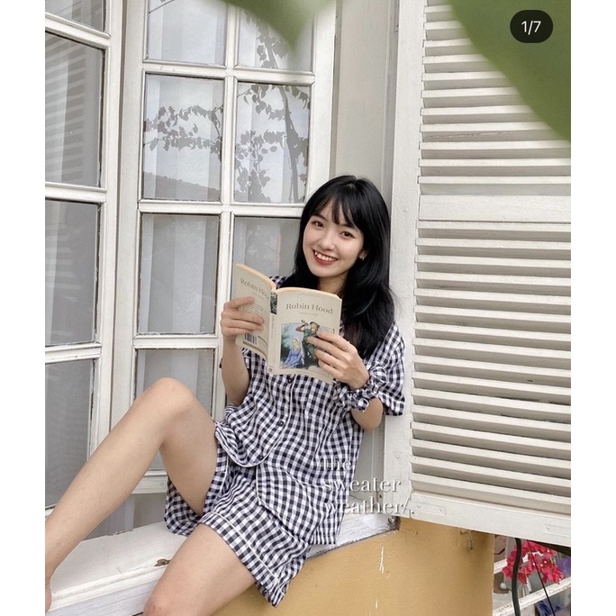 Bộ pjzama kẻ kèm chun buộc tóc có 5 màu