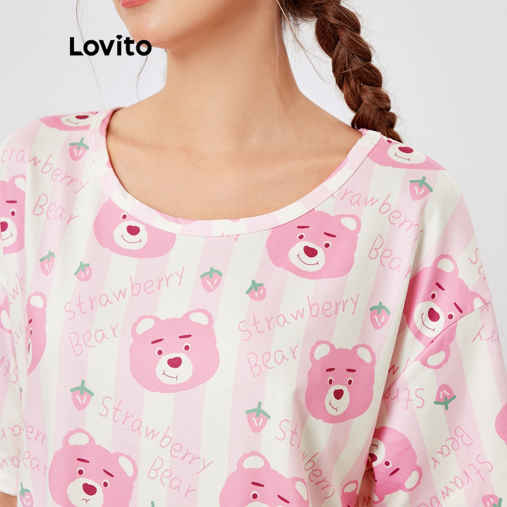 Set pajamas Lovito họa tiết hoạt hình đáng yêu cơ bản thoáng khí L26AD082 (màu hồng nhạt)