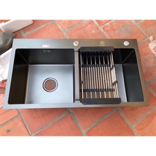 Chậu Rửa Bát Đúc 2 Hố Cân ( inox 304 nano đen, chống ăn mòn cao, kháng khuẩn )