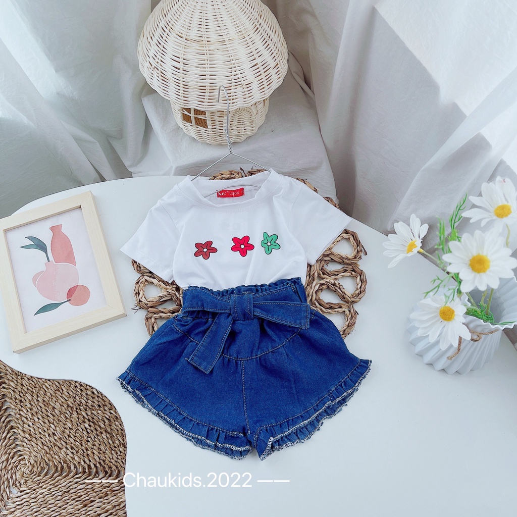 Bộ hè bé gái, set áo cotton trắng ba bông hoa phối quần short jean nơ bèo xinh xắn cho bé Bm_babyshop68