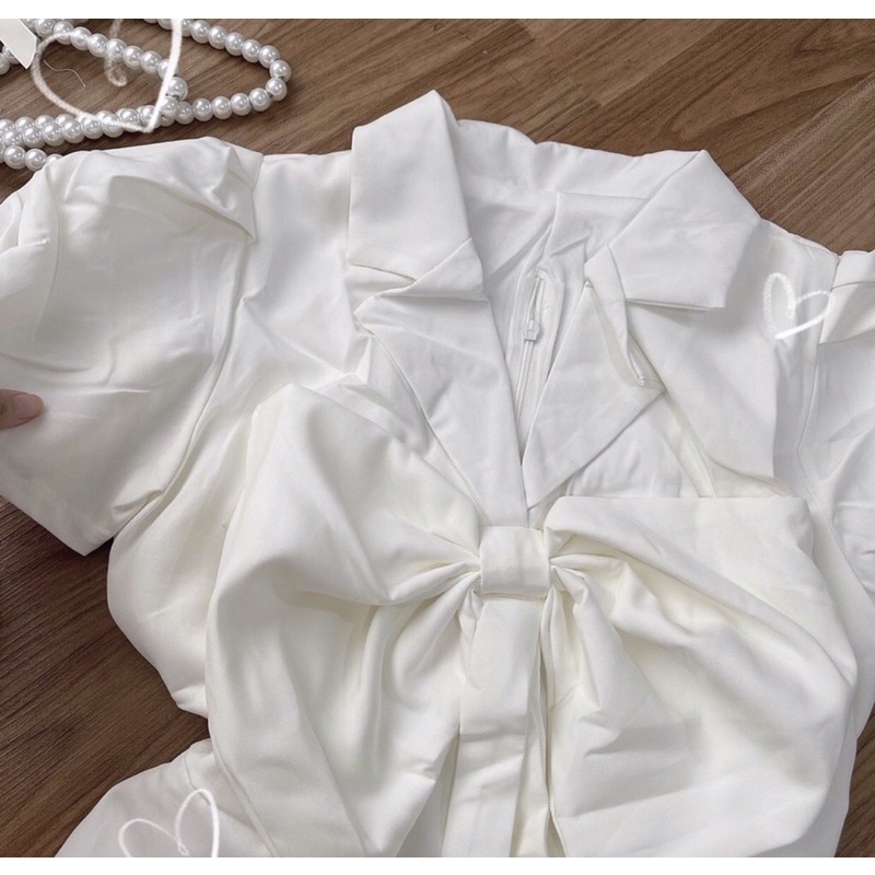 Đầm vest trắng cổ đính nơ - Đầm basic trắng - Váy tiểu thư đi tiệc - Váy trắng đi tiệc - Tone trắng basic xinh xắn