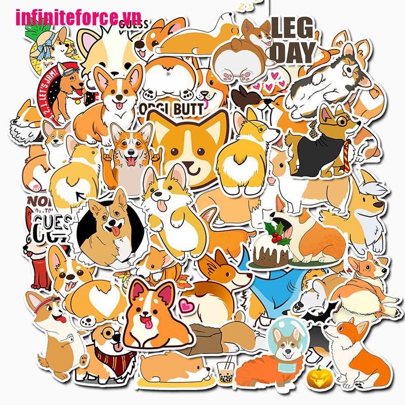 Bộ 50 Miếng Dán Hình Chú Chó Corgi Chống Thấm Nước Trang Trí Laptop / Xe Hơi