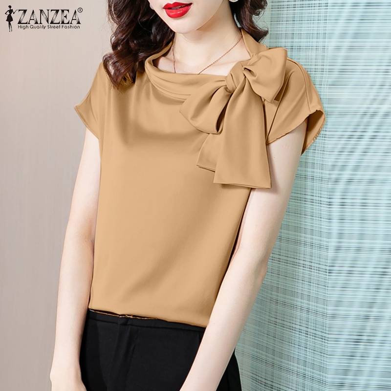Zanzea Áo Sơ Mi Tay Ngắn Vải Satin Màu Trơn Thắt Nơ Thời Trang Cho Nữ