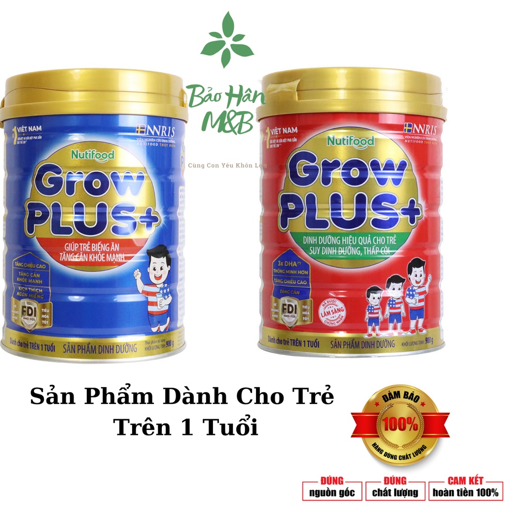 Chính Hãng Sữa Grow Plus Nutifood Xanh , Đỏ Lon 900g và 1,5kg  Mẫu Mơi